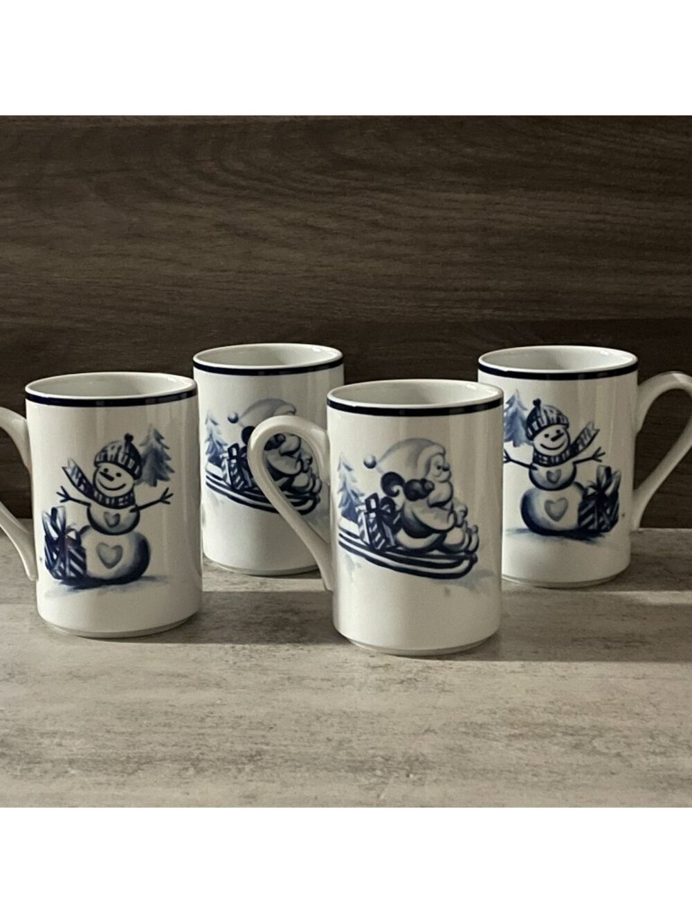 Dansk Bistro Christmas Winter Snowman Santa 4" Mugs Set of Four 2003 Portugal